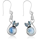 DEVMUKTI Natural Rainbow Moonstone & Blue Topaz Gemstone Earrings, 925 Sterling Silver Bohemian Jewelry, Handmade Designer Healing Crystals Earring, Christmas Gift for Women