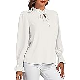 Rooscier Women's Frill Mock Neck Self Tie Shirred Ruffle Long Sleeve Elegant Blouse