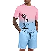 LecGee Men's 2 Piece Short Sleeve Tracksuit Tropical Graphic T Shirt Hawaiian Tee Solid Shorts Set Summer Casual Outfits