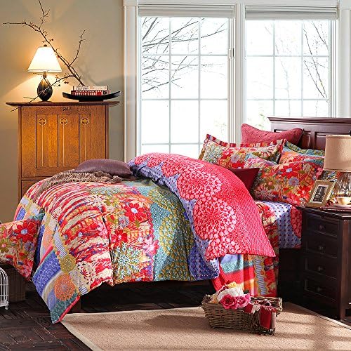 Norson Colorful Flower Print Duvet Cover Set Bohemian Style Bedding Set Boho Duvet Cover Set American Style Bedding Full Queen (Queen, Flat Sheet)