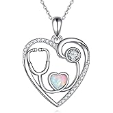VONALA Stethoscope Necklace 925 Sterling Silver Stethoscope Opal Heart Pendant Graduation Gifts Medical Jewelry for Doctor Nurse Medical Student RN