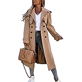 Fisoew Women's Double Breasted Long Trench Coat Windproof Classic Lapel Belted Overcoat with Pockets