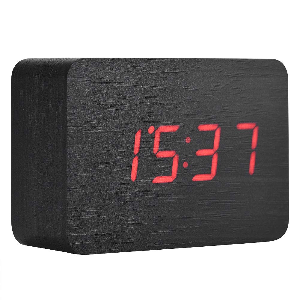 Eboxer Wooden Digital Alarm Clock, Small LED Digital Alarm Clock with Time/Date/Temperature, Sound Control for Kids (Boy and Girl), Home, Office, Cuboid(Black)