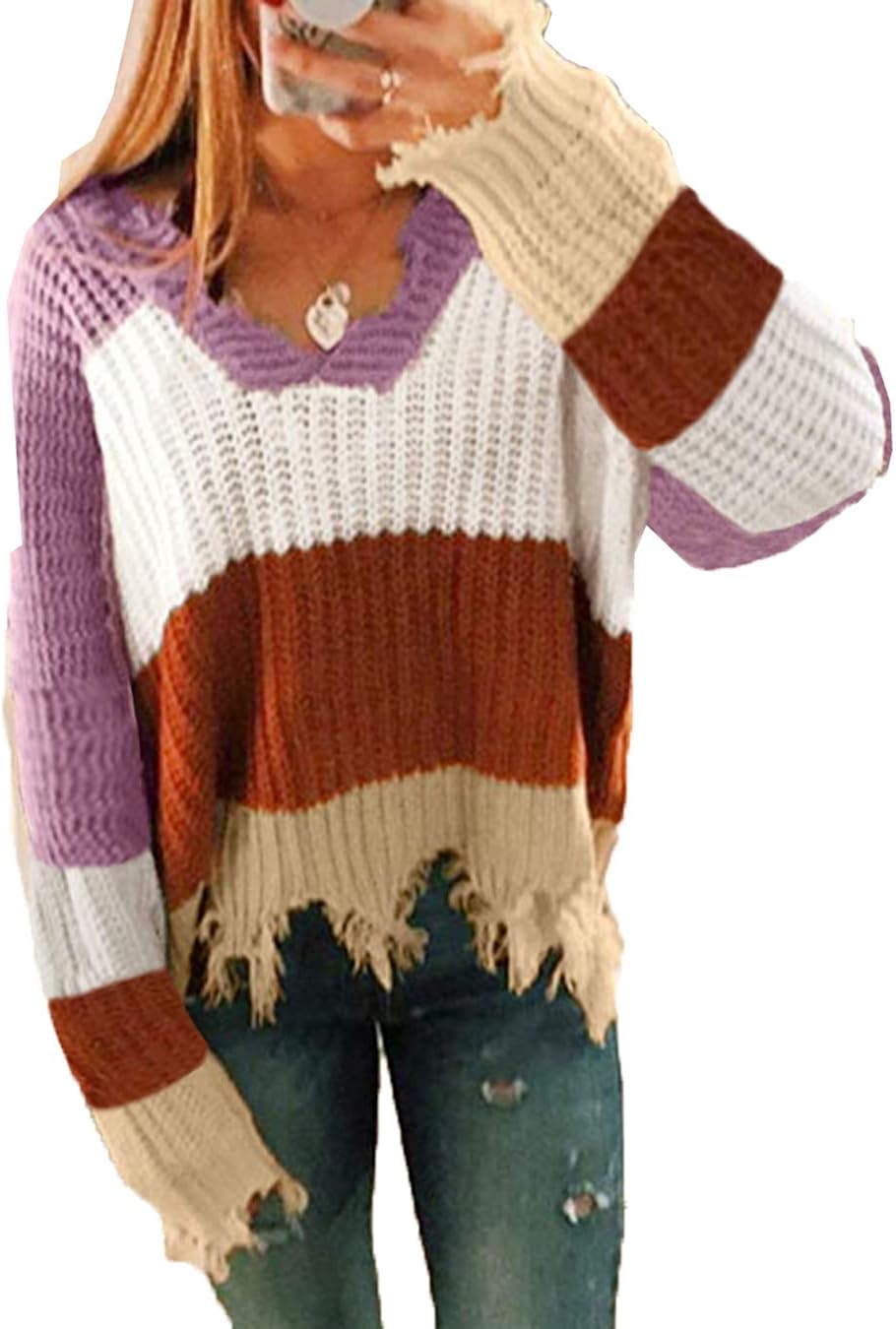 Women Baggy Sweater Knitted Loose Colorblock Fringed Destroyed Sweaters