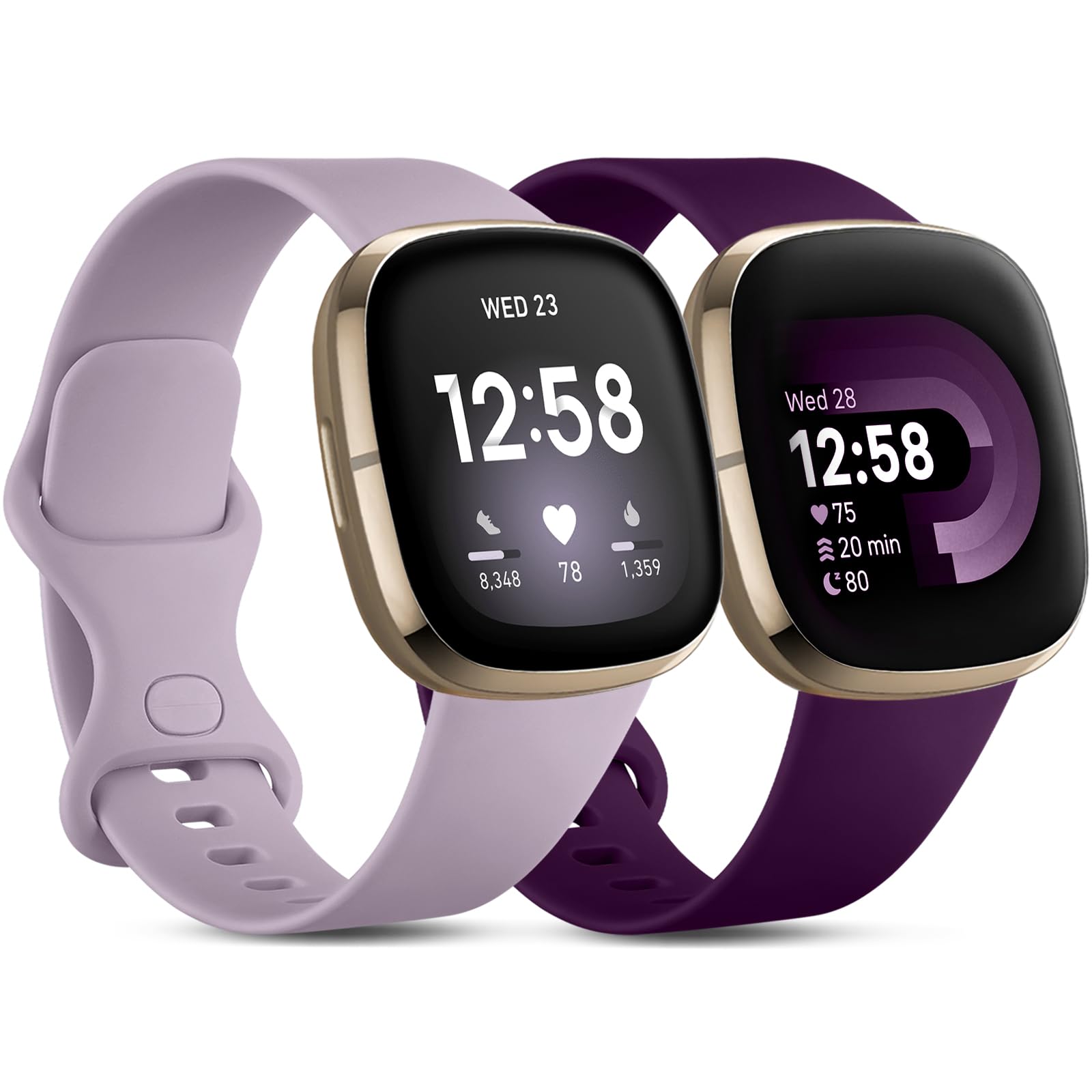 CeMiKa 2 Pack Bands Compatible with Fitbit Versa 4/Versa 3 Band/Fitbit Sense/Sense 2 Bracelet, Replacement Sport Wristband Compatible with Fitbit Versa 4/Versa 3/Sense, Large Lavender/Plum — image 1