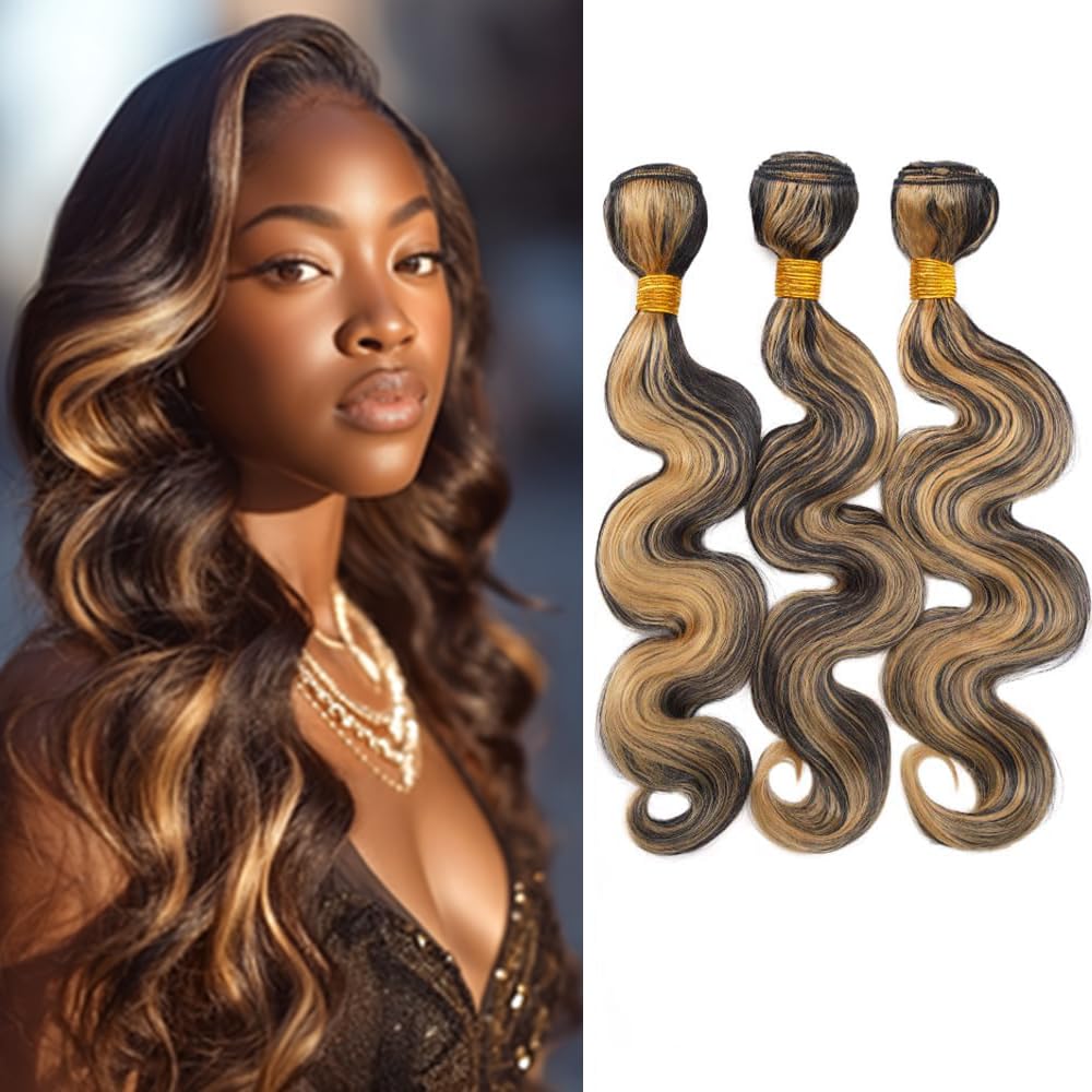 Photo 1 of BilltiiWW Ombre P1B27 Highlights Human Hair Body Wave Bundles Black Mixed With Blonde Body Wave Bundles two tone Brazilian Wet and Wavy for Black Women 24 26 28 Inch