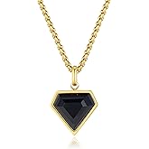 COAI Black Heart Pendant Necklace for Women and Men, Stainless Steel Diamond Shape Onyx Necklace