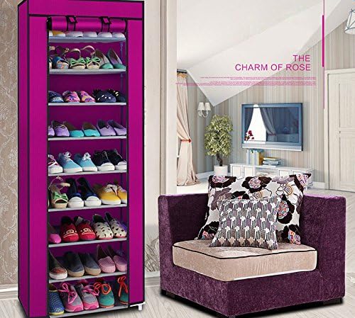 LEADZM 10 Tiers Shoe Rack Closet, Utility Shoe Storage Organizer, Shoe Shelves, Shoe Tower Cabinet with Non-woven Fabrics Dustproof Cover, Room-saving