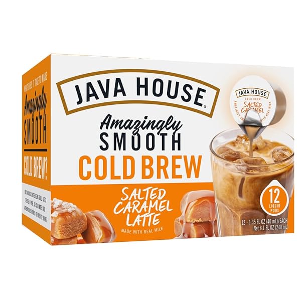 JAVA HOUSE SALTED CARAMEL LATTE COLD BREW COFFEE PODS, (12 COUNT) PEEL AND POUR PODS HOT OR ICED