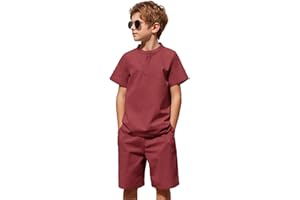 Arshiner Boy's 2 Pieces Cotton Linen Set Casual Henley Shirts Short Sleeve Beach Shorts Summer Outfits for 5-12 Years