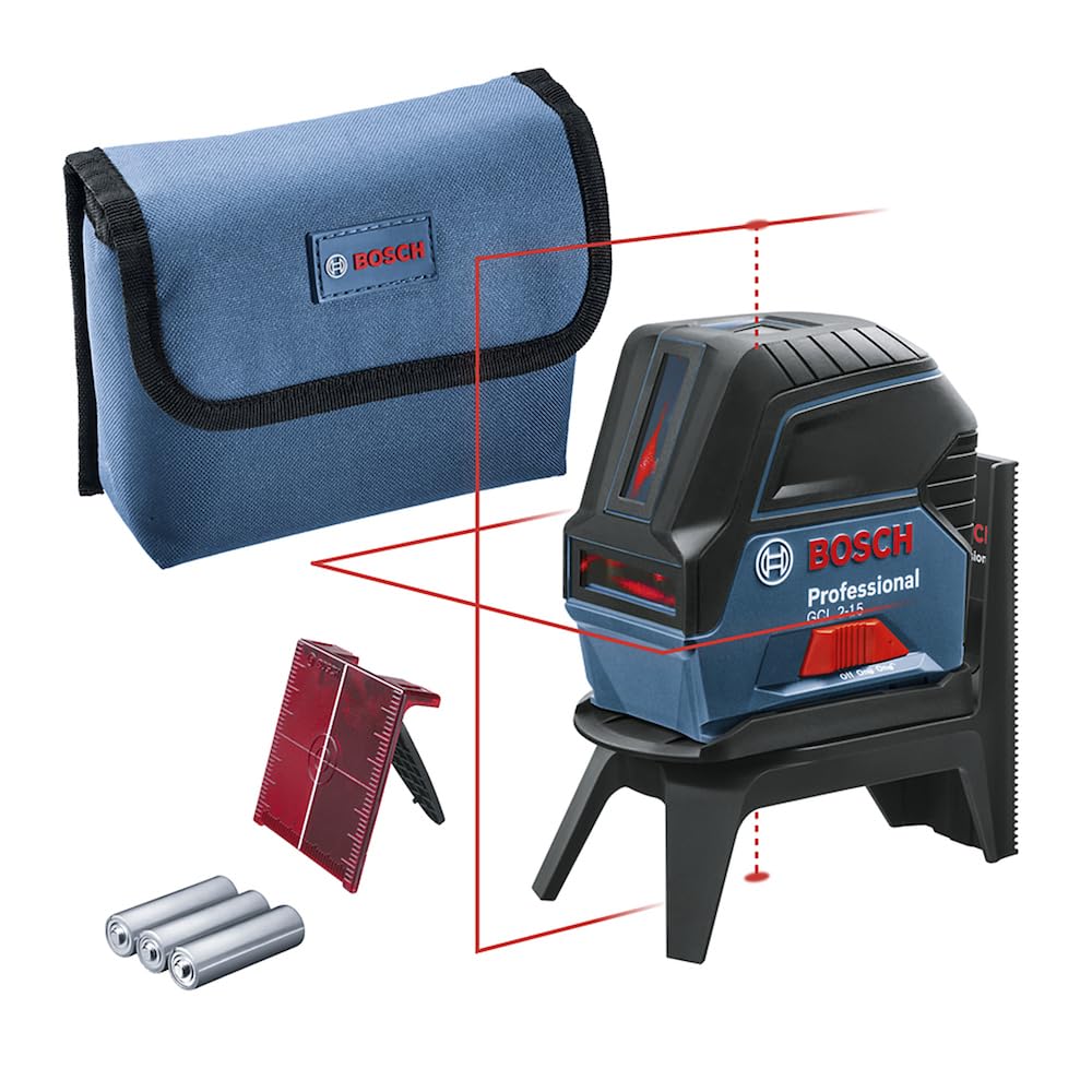 Bosch Professional Cross line Laser GCL 2-15 (red Laser, Interior, with Plumb Points, Working Range: 15 m, 3 x AA Batteries, RM 1 Rotating Mount, Laser Target Plate, Protective Bag)