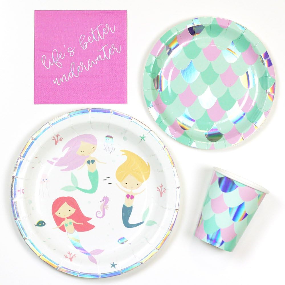 Wish We Were Mermaids - Party Supplies Tableware Set - Includes Plates, Napkins, Cups - Serves 8