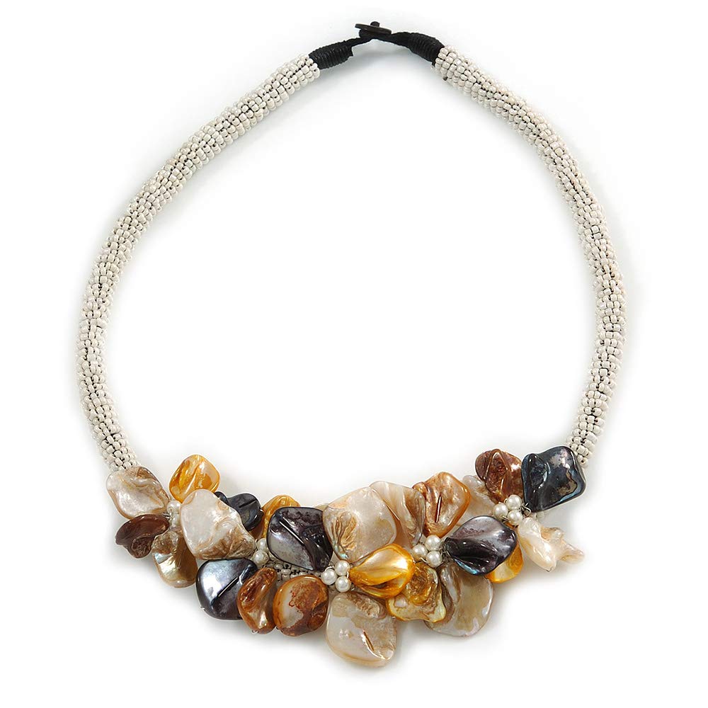 Avalaya White Glass Bead with Shell Floral Motif Necklace/Brown/Yellow/Grey/ 48cm L