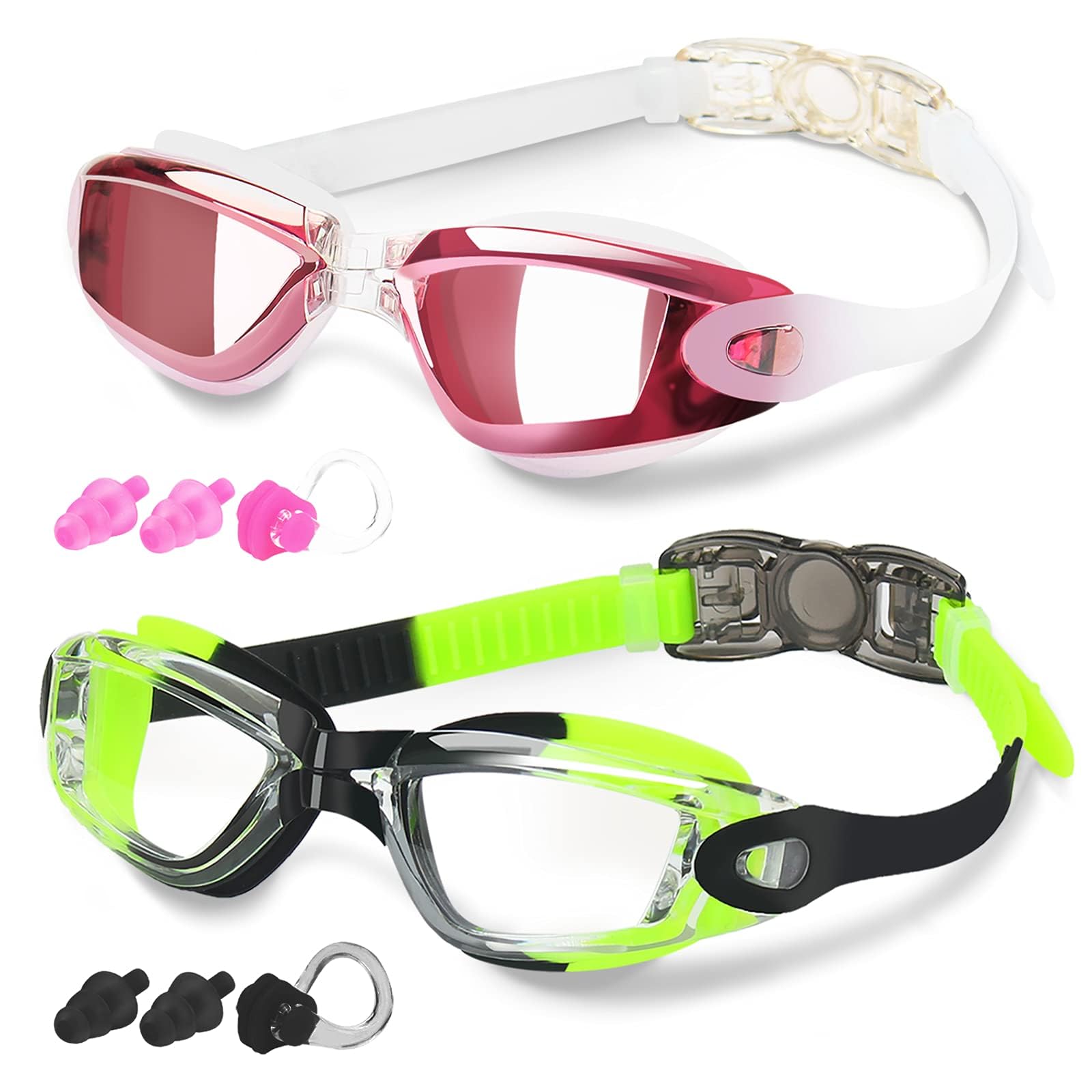 COOLOO Swimming Goggles, 2 Pack Swim Goggles for Adult Men Women Youth Kids 8+, Anti-Fog UV Protection No Leaking Nose Clip and Earplugs