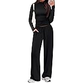 Sampeel Two Piece Lounge Set for Women 2 Piece Fall Outfits 2025 Mock Neck Ruched Tops Wide Leg Pants Travel Airport