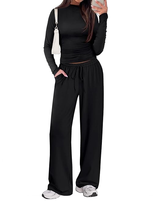 SAMPEEL 2 Piece Sets for Women Fall 2025 Dressy Casual Vacation Outfits Two Piece Matching Clothing Lounge Sets Black M