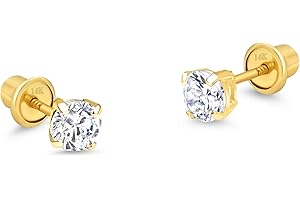 LOVEARING 14k Yellow Gold 2, 3, 4, 5, 6mm Basket Round Cubic Zirconia Children Screw Back Baby Girls Earrings