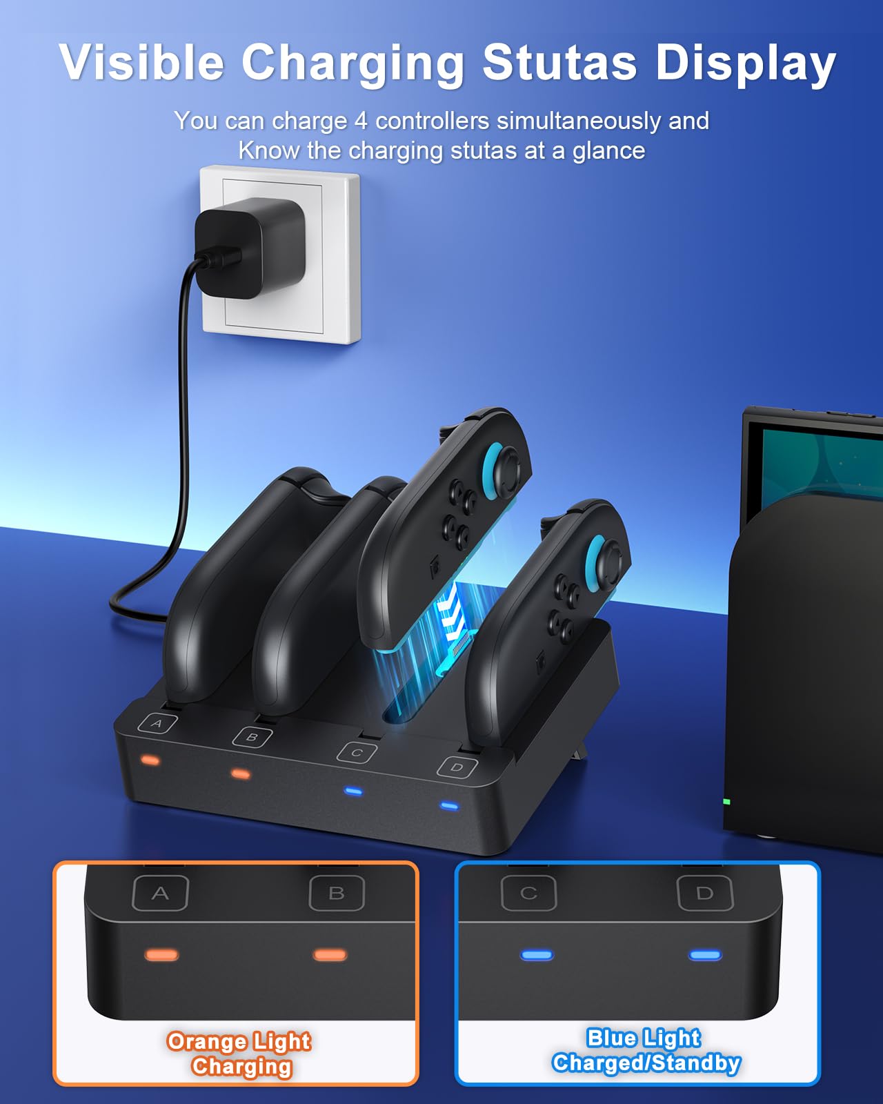 [Fit für Switch 2&1] 8 in 1 Controller Ladestation für Nintendo Switch 2/Switch1/OLED Modell Zubehör, WAXITY Schnelle Magnetische Horizontale Ladegerät für Joy Con 2 & für Joycon 1 mit USB Ladekabel 3