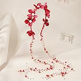 yuruyi Flower Crowns for Women, Floral Crown Pearl Headpiece for Wedding Bridal Festival Adjustable Hairbands Camellia Handmade Hair Wreath Accessory Hairbands for Girls (Red, Adjustable)