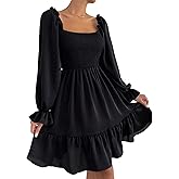 Ekaliy Women's Square Neck Puff Sleeve Dress Smocked Casual A Line Swing Flowy Ruffle Hem Babydoll Mini Dress