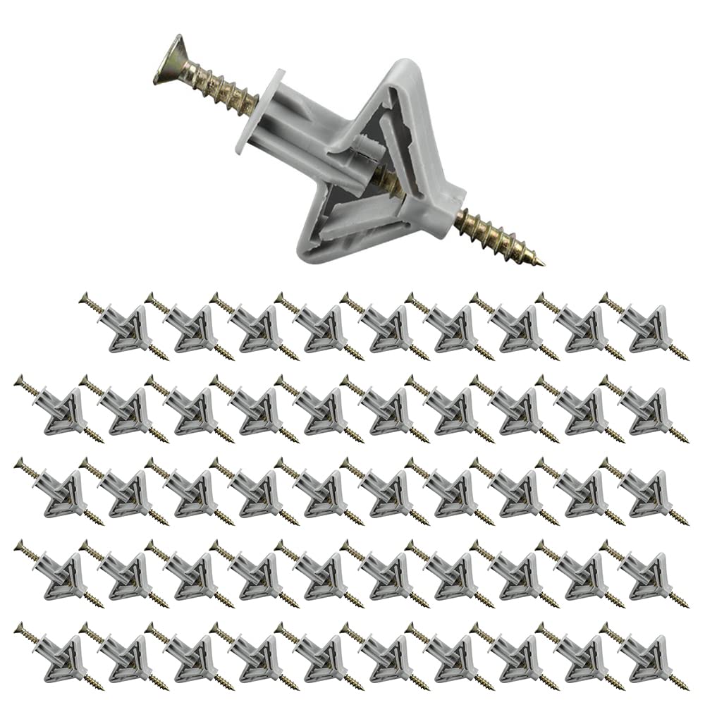 VOANZO Pack of 100 plasterboard dowels 50 drywall anchors with 50 stainless steel screws set spiral screw expansion screw drywall anchor for plasterboard（Grey）