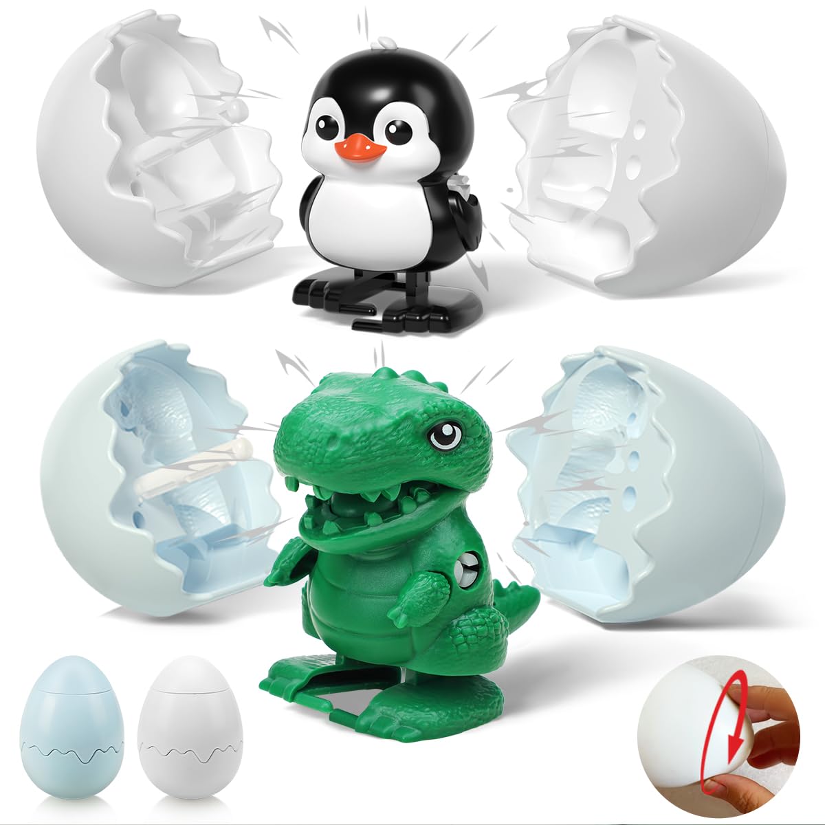 2 Pack Easter Toys Boom Eggs Wind-Up Surprise Eggs, Hatching Dinosaur Egg Toy for Kids, Walking Penguin Toys, Reusable Clockwork Dino Fun Dinosaurs Toys for Boys Girls Easter Gifts for Kids
