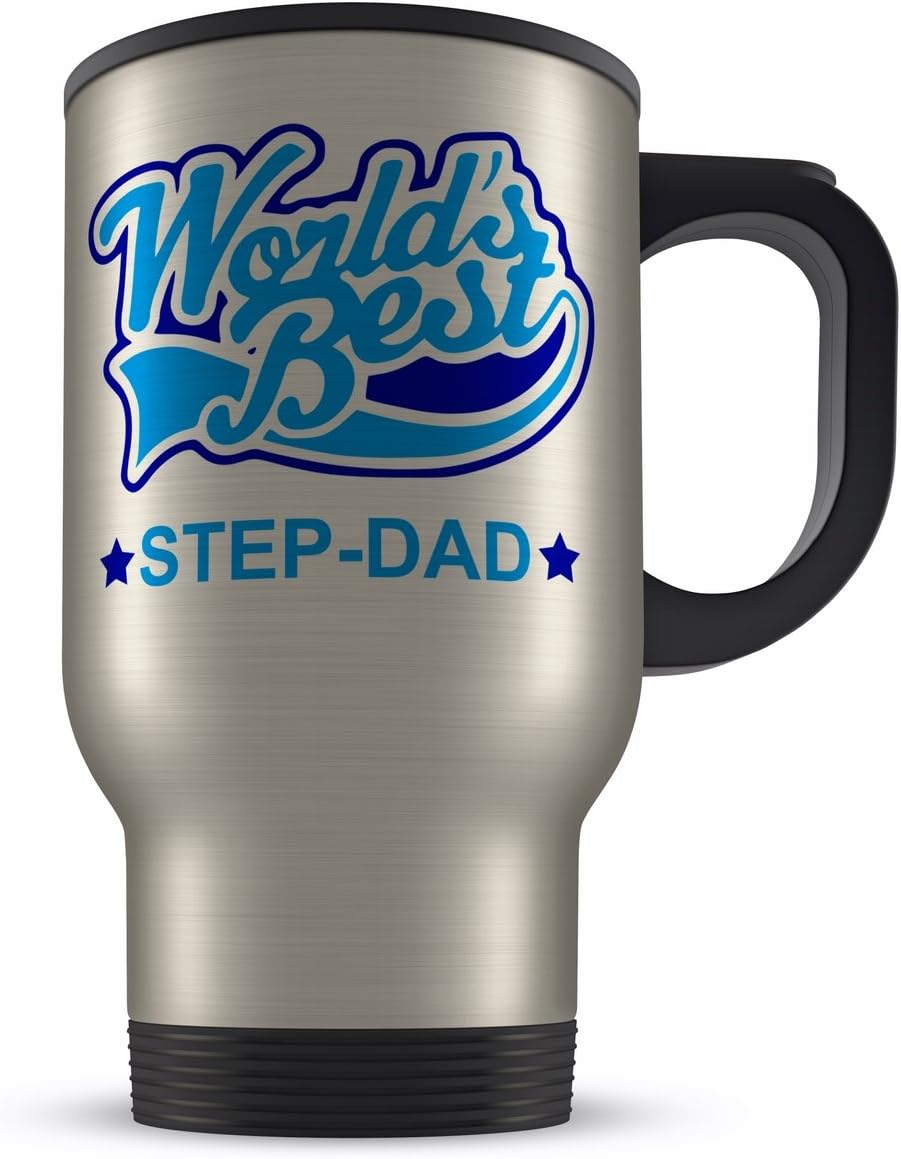 14oz Worlds Best Step-Dad Novelty Gift Aluminium Travel Mug - Blue