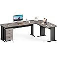 LITTLE TREE 82.67" Long Executive Desk with Drawers, Large L-Shaped Office Desk with Mobile File Cabinet, Farmhouse Computer Office Furniture Work Desk with Storage for Home Office, Gray