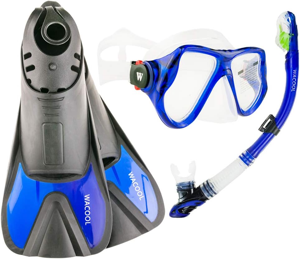 WACOOLAdults Snorkeling Snorkel Scuba Diving Package Set Gear with Travel Full Foot Short Swim Pocket Fins Anti-Fog Coated Glass Silicon Mouth Piece Purge Valve and Anti-Splash