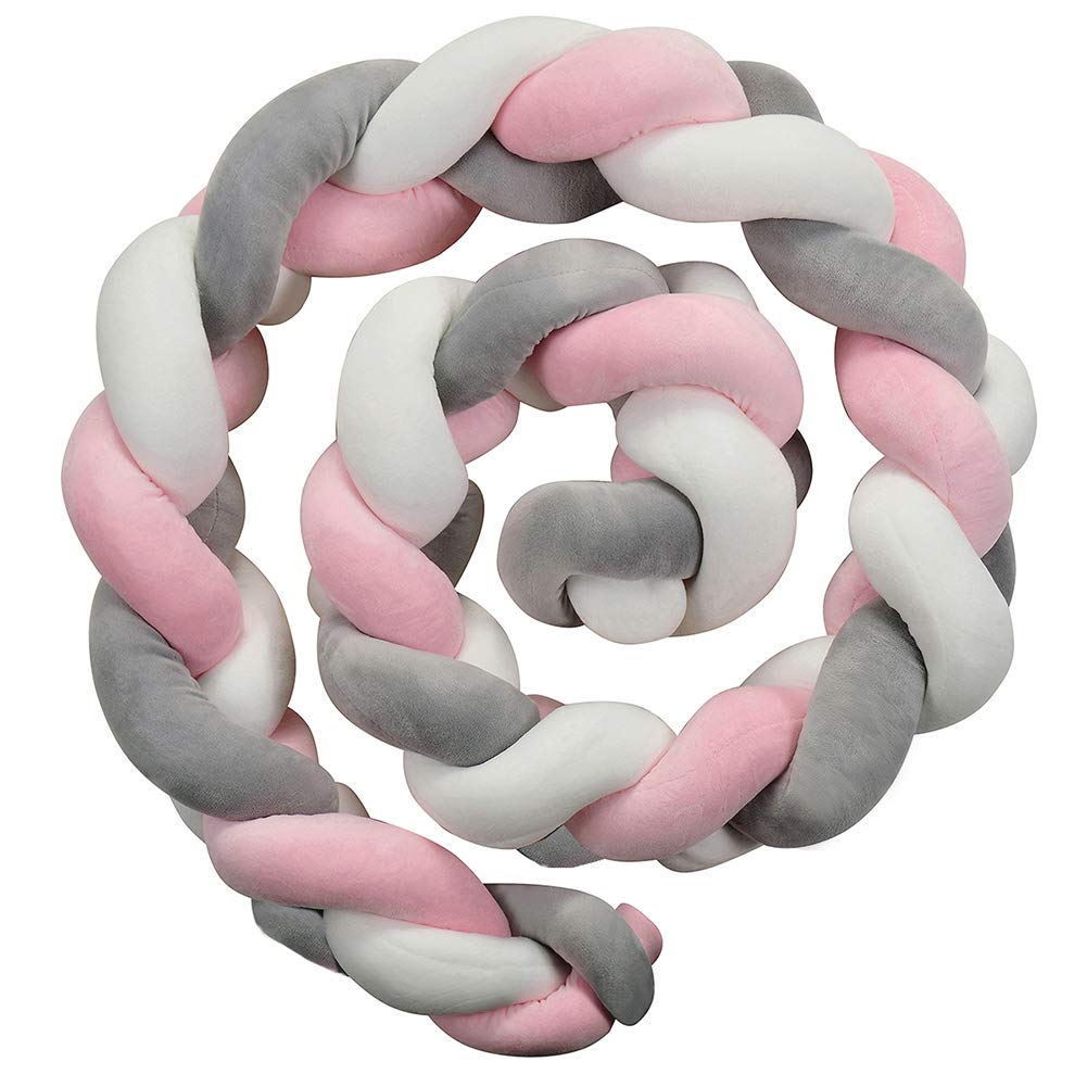 Bedside Protector, TEKI 78.7” Soft Knotted Sides Protector, Machine Washable Newborn Gift Nursery Decor for Girls Boys (Pink+White+Gray) : Baby