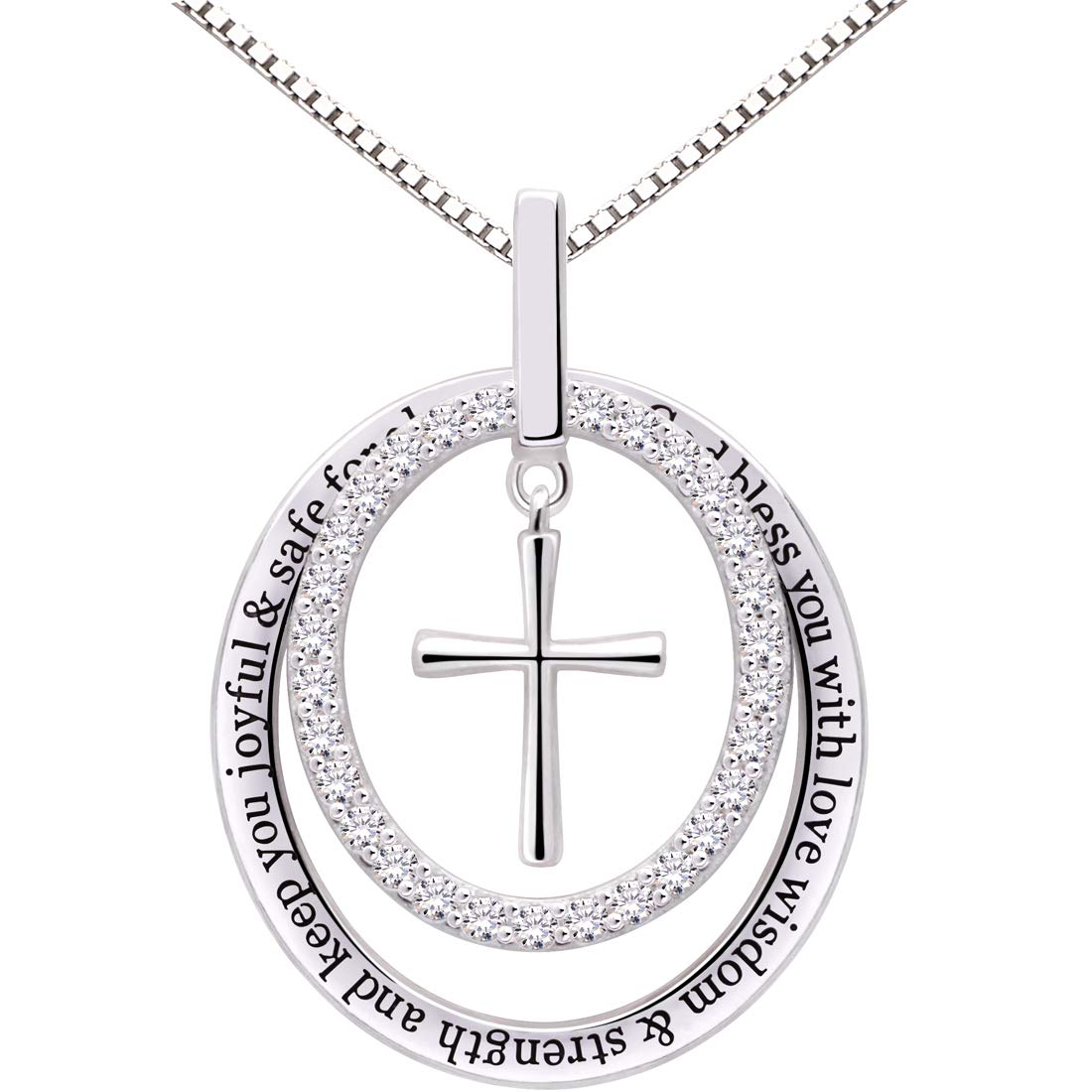 ALOV Jewelry Sterling Silver May God bless you with love wisdom & strength and keep you joyful & safe for always Cubic Zirconia Cross Pendant Necklace