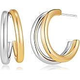 Silver and Gold Hoop Earrings for Women Trendy Two Tone Earrings Thick Open Double Huggie Hoops Earrings for Jewelry Gifts