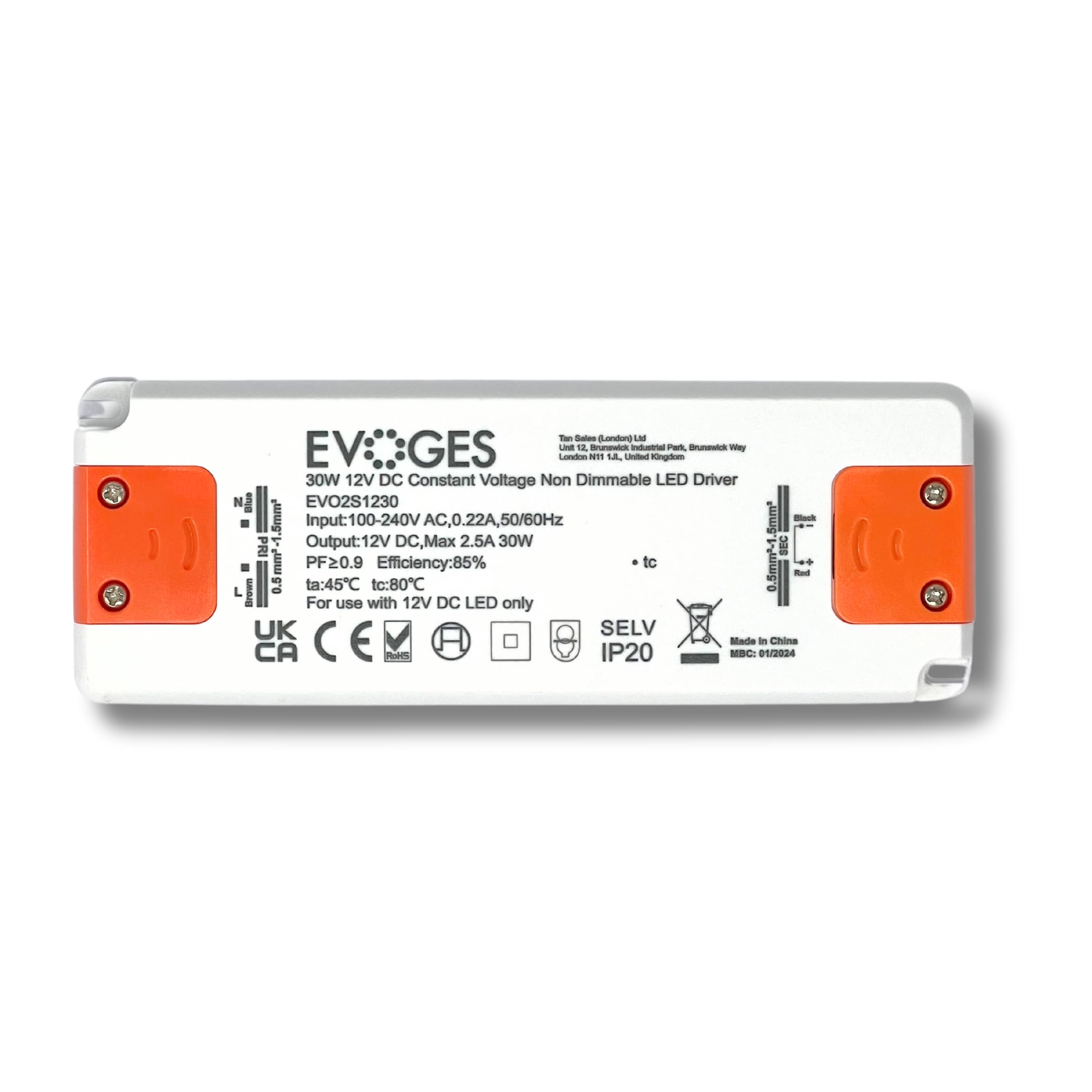 Evoges Slim Series 12V DC Constant Voltage LED Driver Non Dimmable (30, Watts)