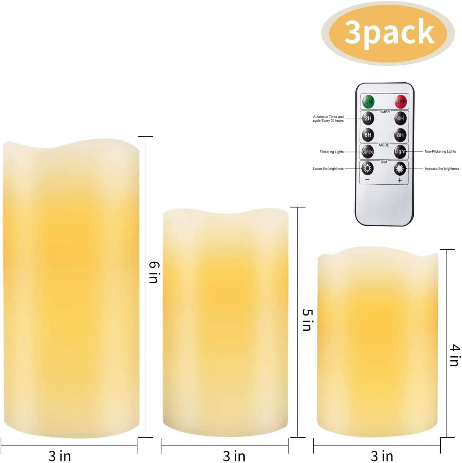 VETOUR Battery Operated LED Candle :Remote Control Flameless Electric Set of 3 Ivory Real Wax Pillar Flicker Candle with Timer Home Outdoor Realistic Bright Fake Luminare Powered Cylinder Light - Image 5