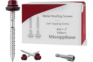 MISSIPPIBASE Metal Roofing Screws #10 × 2 Inch, 300 PCS,Red Painted Hex Head Sheet Metal Roof Screws,Rubber Washer,Sharp Point,Self Starting Metal to Wood Siding Screws, EPDM Washer,Hex Socket Included