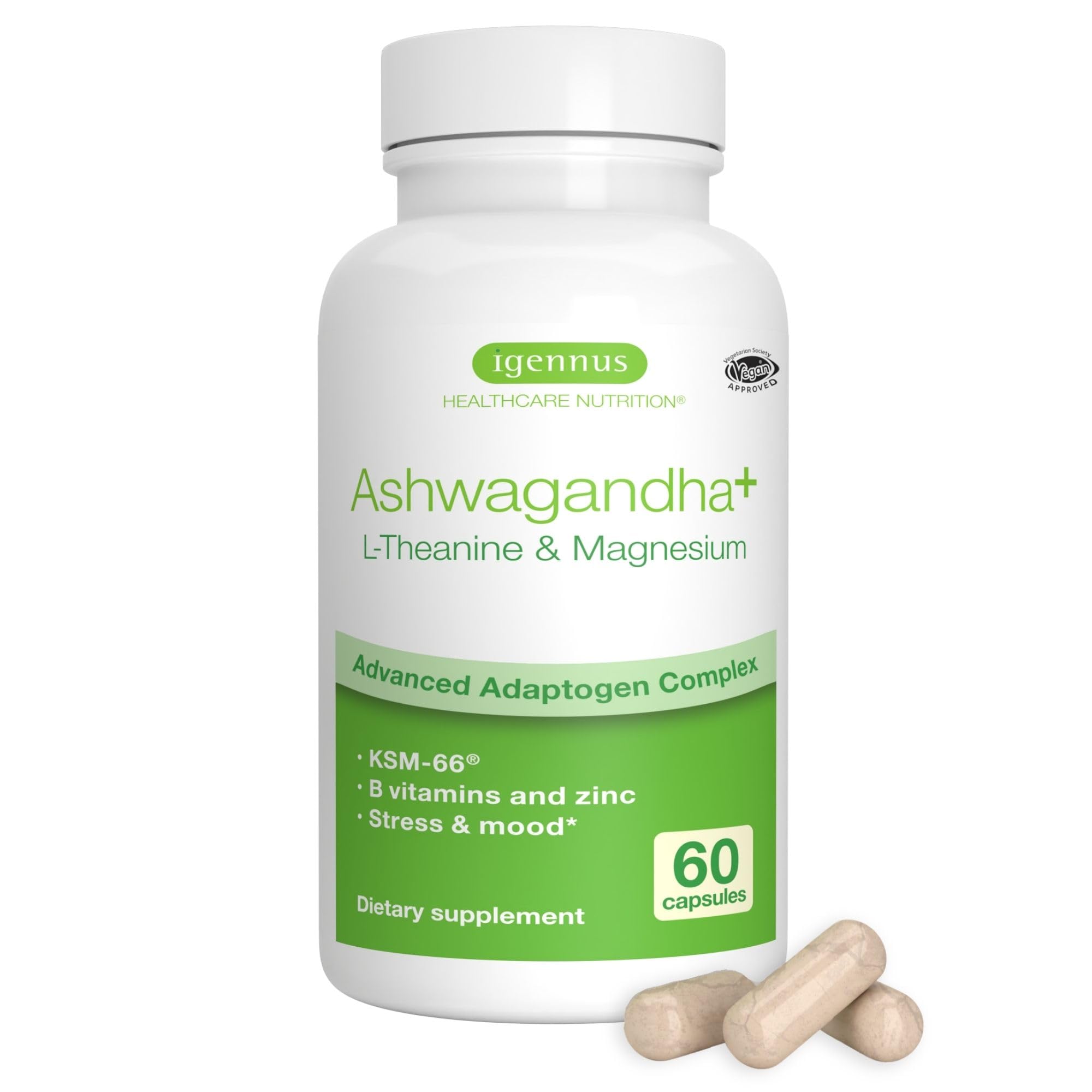 Igennus High Strength Ashwagandha Stress Relief Complex, L-Theanine & Magnesium & KSM-66 Root Extract Adaptogens, Methylated B Vitamins, Calm & Sleep Support, Clean Label, 60 Fast Acting Capsules