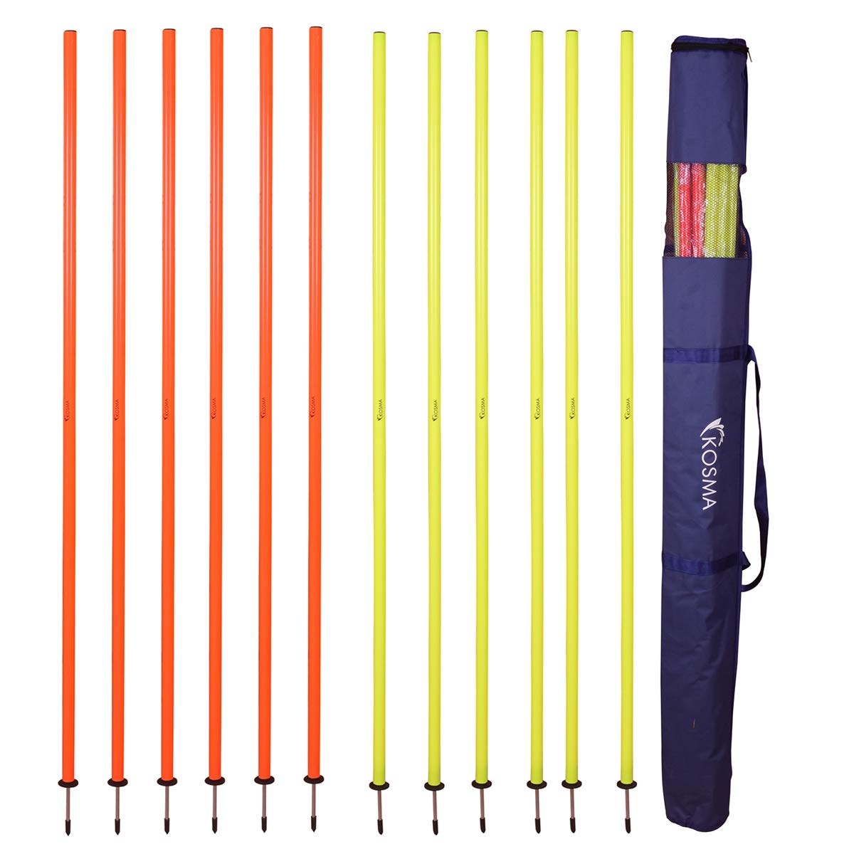 Kosma Pack of 12pc Speed Training Slalom Poles 5ft x 25mm with detachable spike in Carry Bag - (6 Yellow & 6 Orange)| Agility Football Training Posts