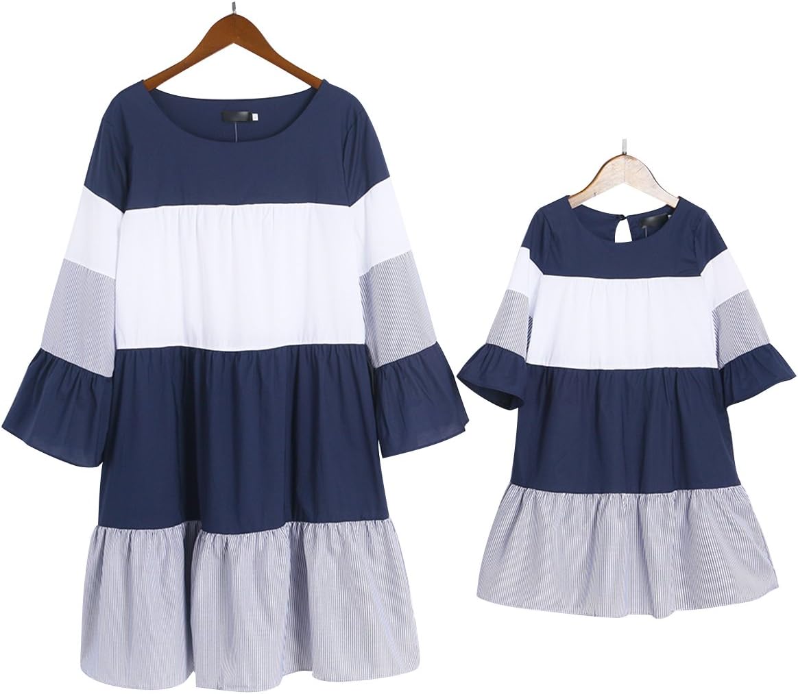 Mommy and Me Stripes Color Block Trumpet Sleeve Family Matching Dress
