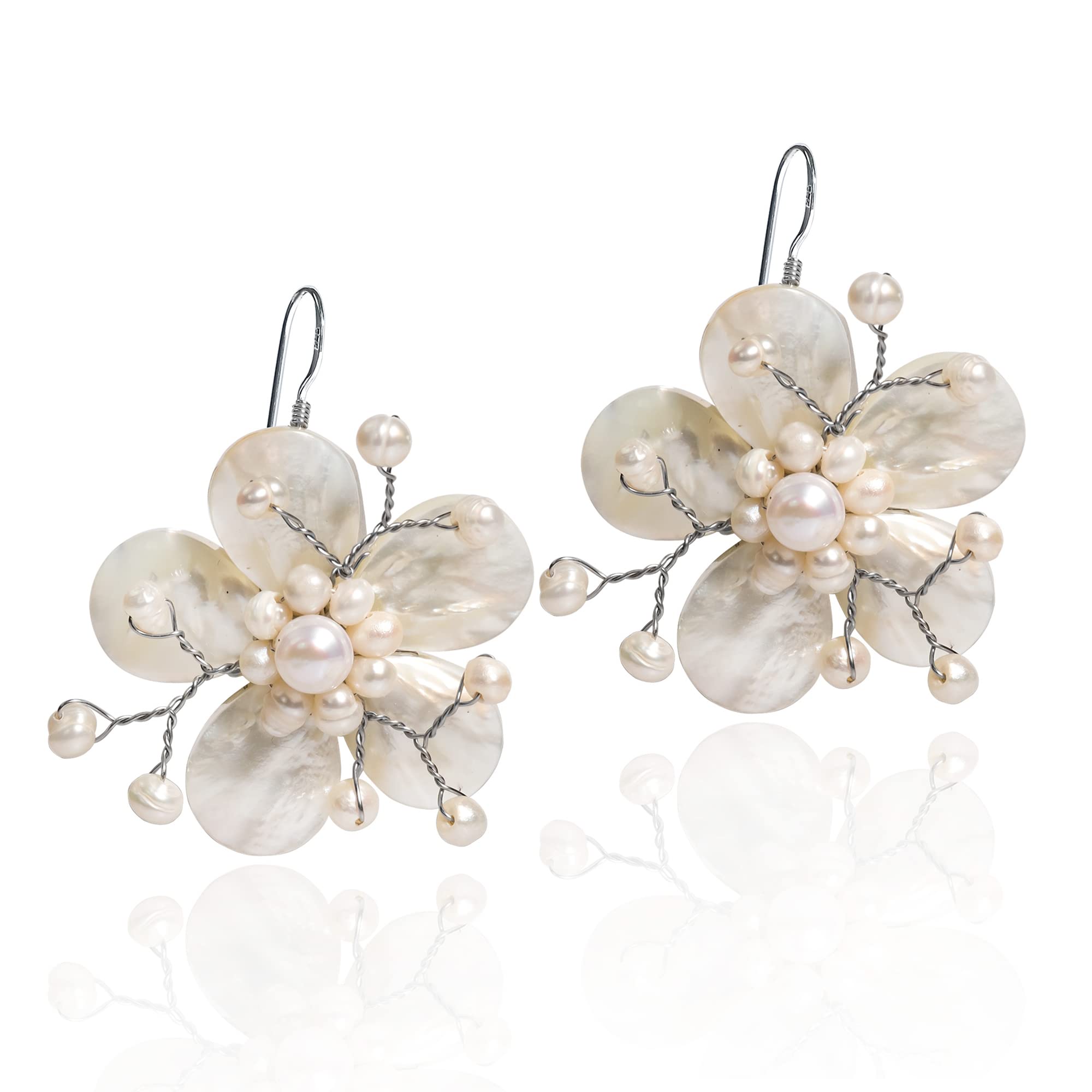 Mother of Pearl Hawaiian Plumeria Flower .925 Silver Earrings