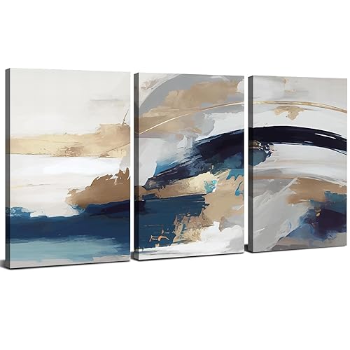 Set of 3 Wall Art Abstract Canvas Wall Art Navy Blue Beige and Gold Pictures for Living Room Office Modern Abstract Framed Wall Art Watercolor Paintings Artwork for Bedroom Home Decorations 30x40cm