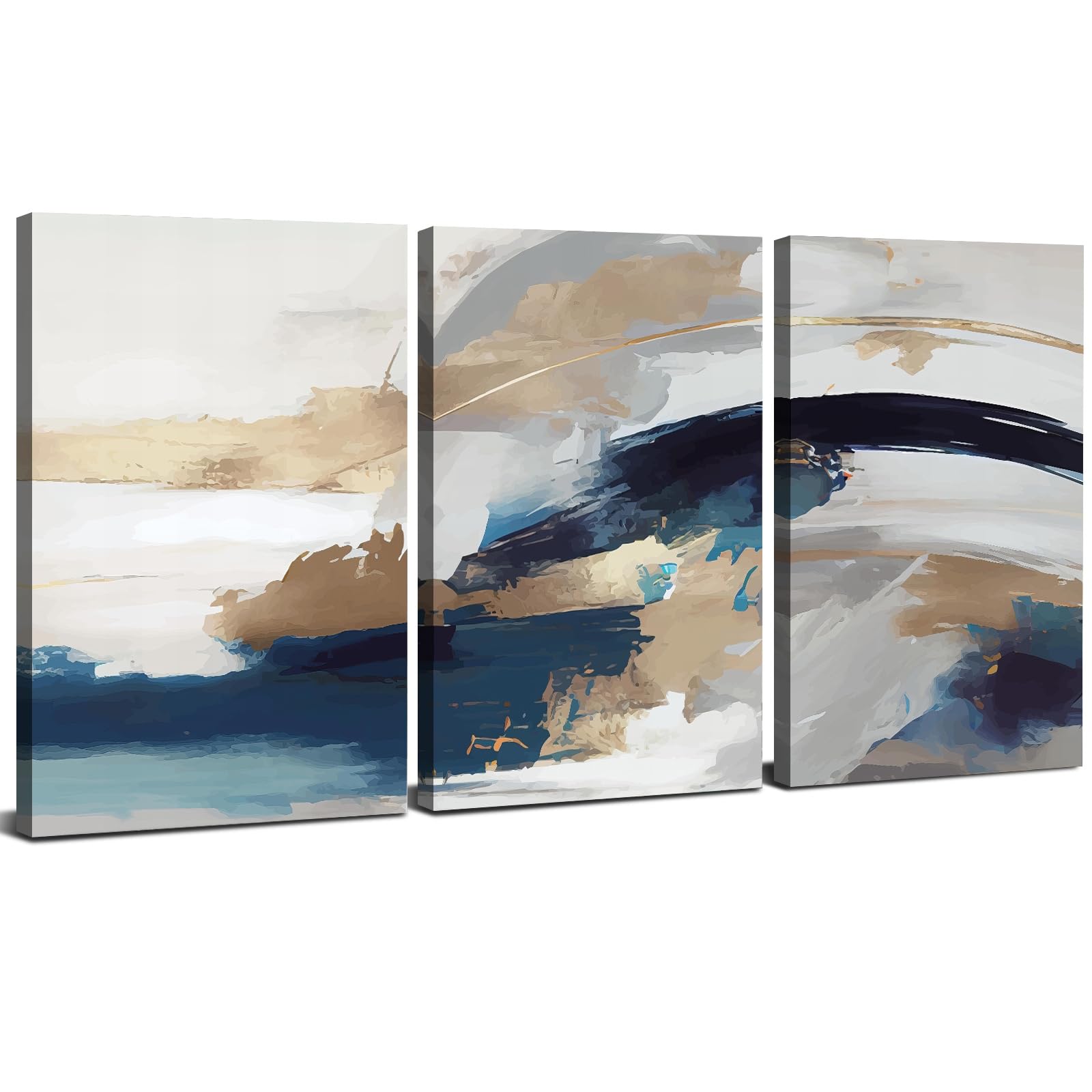 Set of 3 Wall Art Abstract Canvas Wall Art Navy Blue Beige and Gold Pictures for Living Room Office Modern Abstract Framed Wall Art Watercolor Paintings Artwork for Bedroom Home Decorations 30x40cm