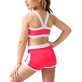 Haloumoning Girls 2 Piece Workout Outfits Athletic Dance Set 5-14Y | Color Block Bra, Elastic High Waist Shorts, Breathable Stretch Fabric, Removable Pads, Yoga, Dance, Gymnastics, Volleyball