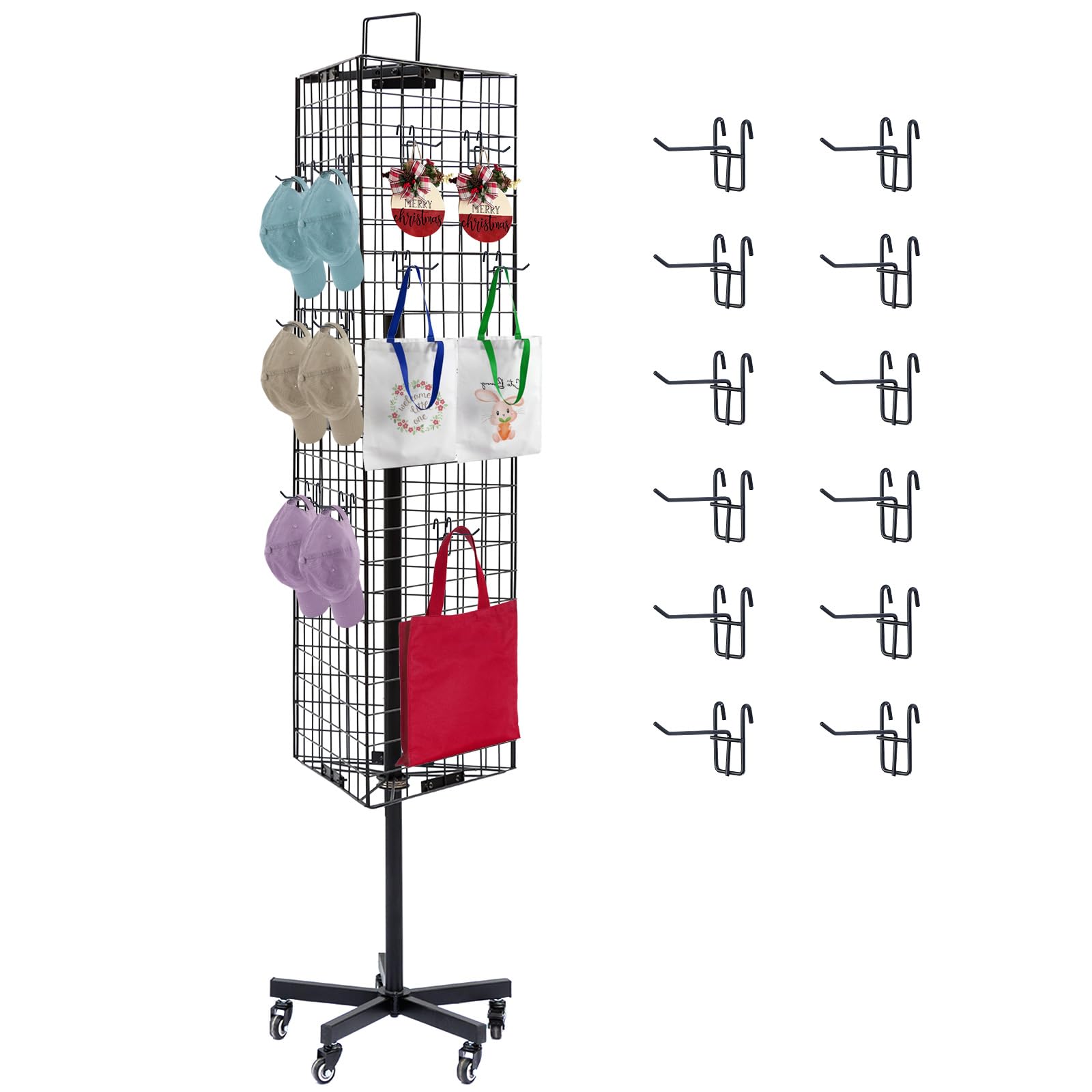 Photo 1 of NectaCol Triangular Gridwall Panel Display Stand with Base and Pole, Black Grid Wall Panels with Wheels, Craft Gridwall Display Rack, Art Display Stand, Show Rack, Extra 12pcs Hooks