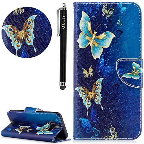 Galaxy S8 Plus Case,Samsung Galaxy S8 Plus Case with Stylus Pen,Qbily Gold Butterfly Print Leather Flip Kickstand Cover Wallet Case [Card Slots Holder/Magnet] Cute Girls Women Protective Case Blue