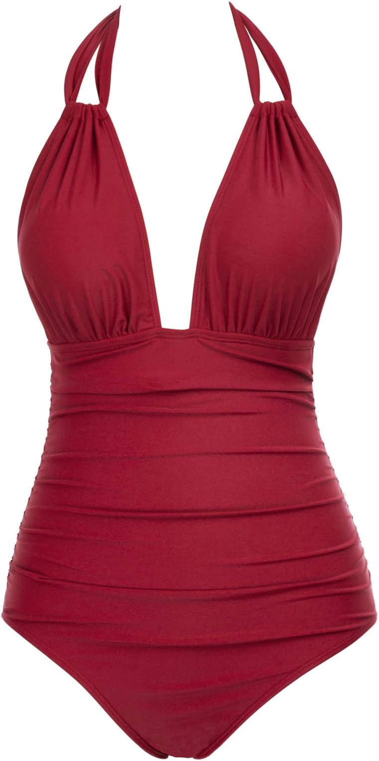 Women One Piece Swimsuit Plunge Deep V Neck Halter Monokinis S-XXL