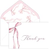 Quera 24 Pack Pink Bow Thank You Cards Coquette Bow Greeting Cards with Envelopes Stickers Watercolor Bow Greeting Cards Pink Blank Note Cards for Wedding Bridal Baby Shower Birthday, 4 x 6 Inch