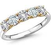 Gem Stone King 925 Silver and 10K Yellow Gold White Created Sapphire and Sky Blue Aquamarine Wedding-Bands Ring For Women | 1.25 Cttw | Round 4MM | Gemstone September Birthstone