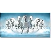 7 White Running Horses Wall Art Modern Blue Canvas Print Picture Artwork Animal Painting for Living Room Decor Bedroom Office