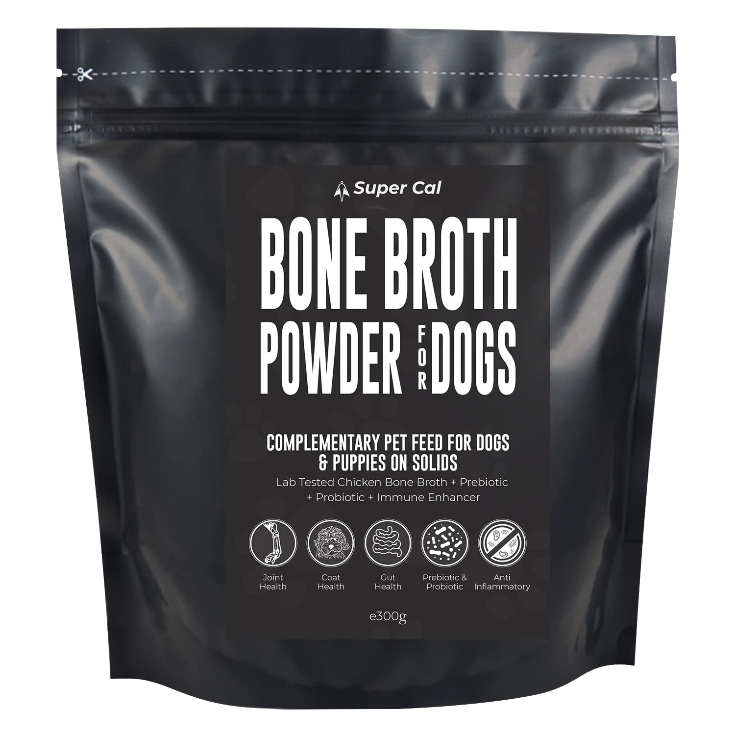 Super Cal Chicken Bone Broth for Dogs with 5 Active Ingredients – Probiotics, Prebiotics, Joint Support – Dog Gravy Granules - 60 Servings (300g)