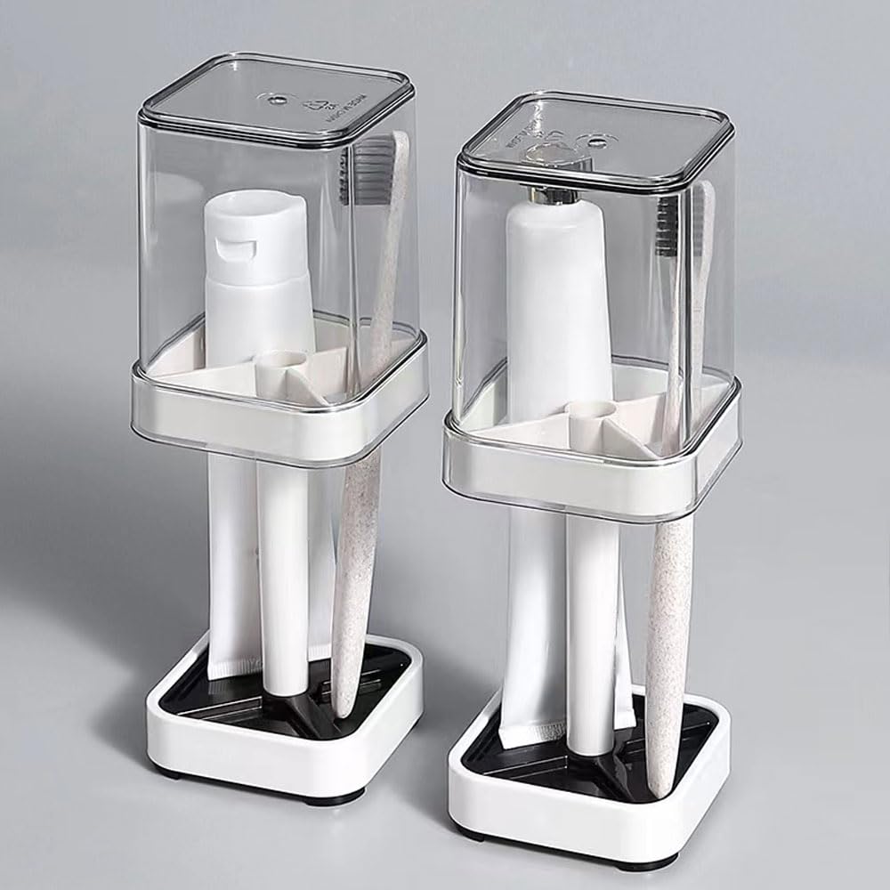 Photo 1 of 2 PCS Toothbrush Holder Stand with Cover/Cup, 4 Slots Toothbrush Holders for Bathrooms, Compatible with Toothpaste, Conventional Toothbrushes Storage, Razor Comb Multifunctional Storage